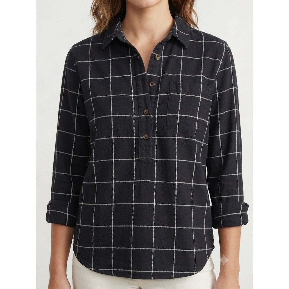 Marine Layer Windowpane Grid Flannel Henley Shirt Black White Medium